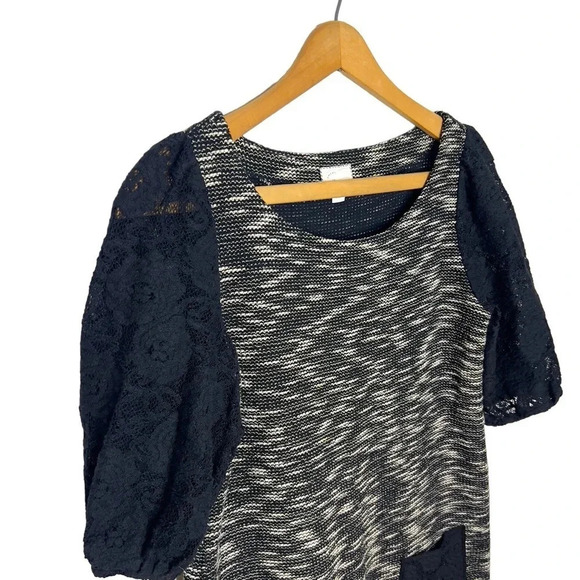 POSTMARK Anthropologie Tweed Black Lace Puff Sleeve Shift Shirt Dress - Picture 4 of 10